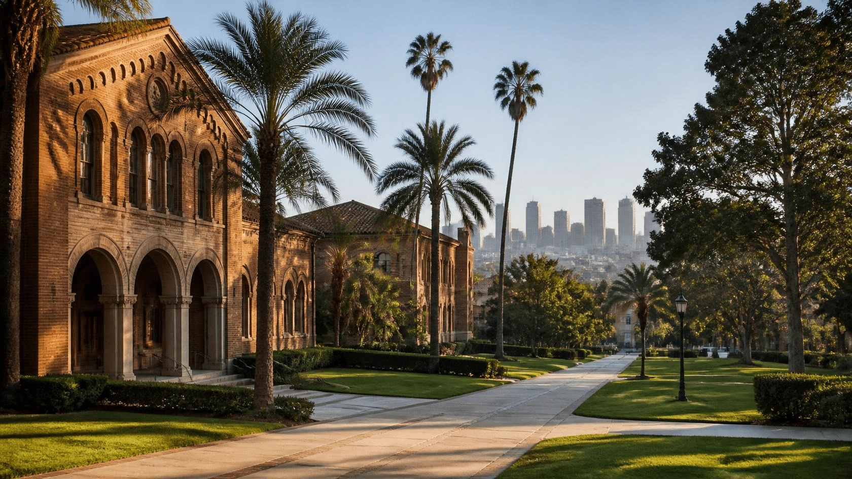 Brick academic buildings, palms, and soft Los Angeles skyline illustrating USC PA prerequisites planning (no university logos)