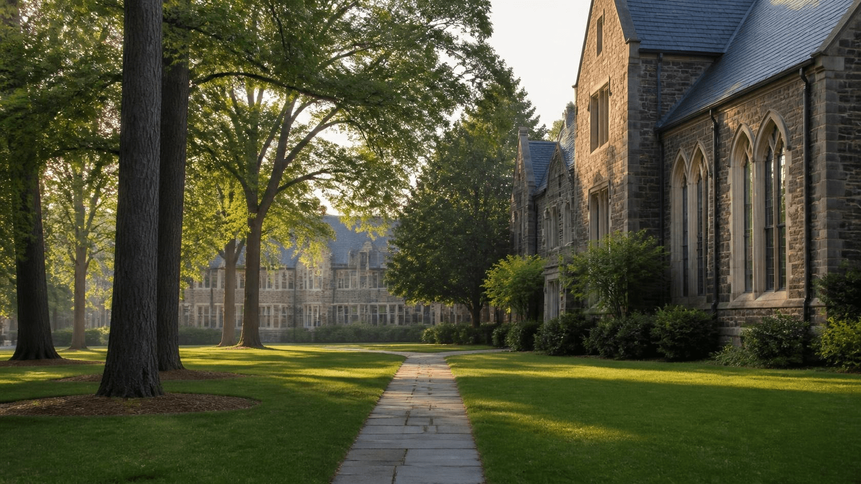 Gray Gothic stone academic buildings, tall pines, and green oaks along a quiet lawn in soft North Carolina light illustrating Duke ABSN prerequisites for Master of Nursing planning