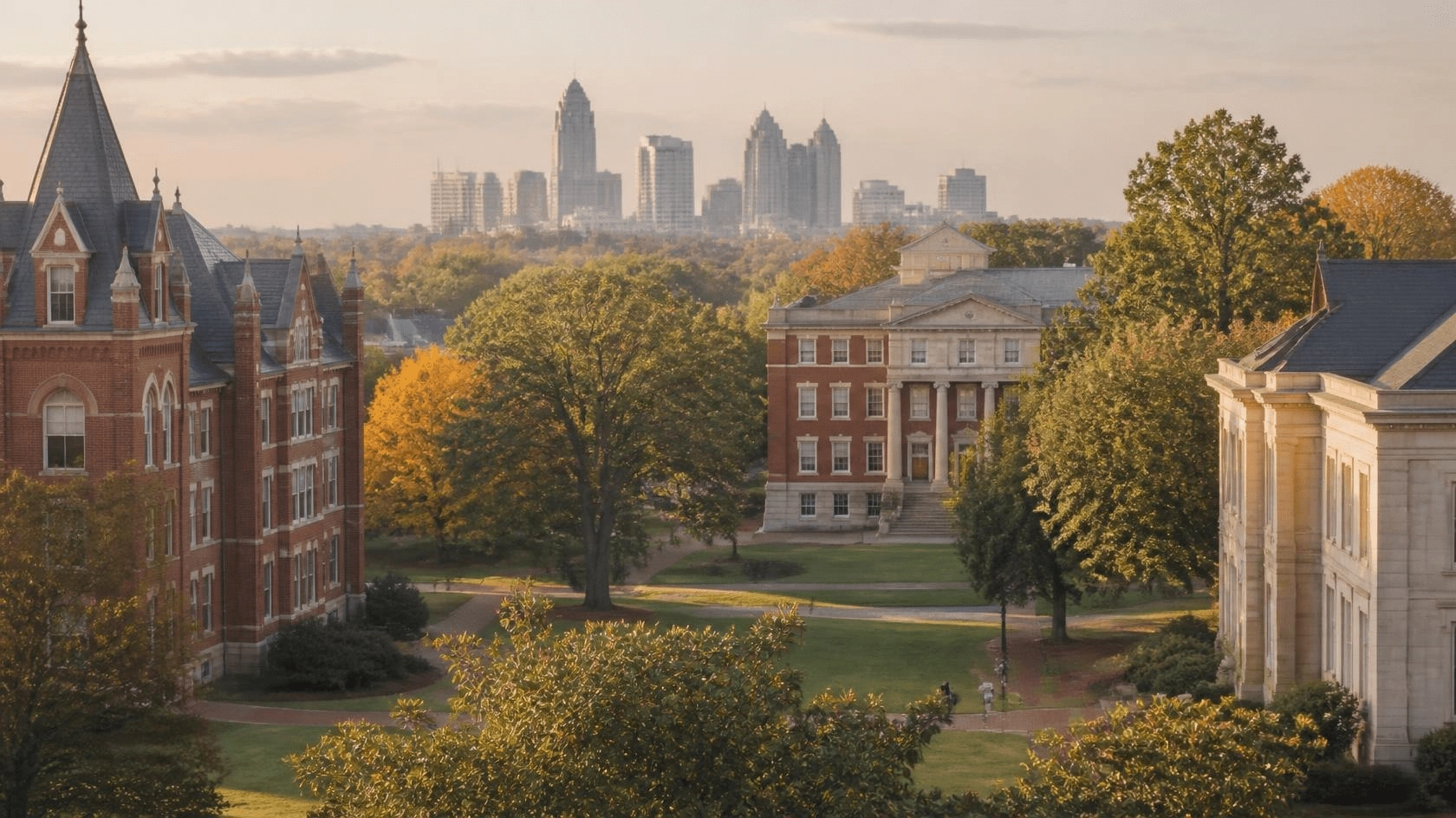 Red brick and limestone campus buildings, autumn trees, and a soft Nashville skyline illustrating Vanderbilt ABSN prerequisites for Master of Nursing planning