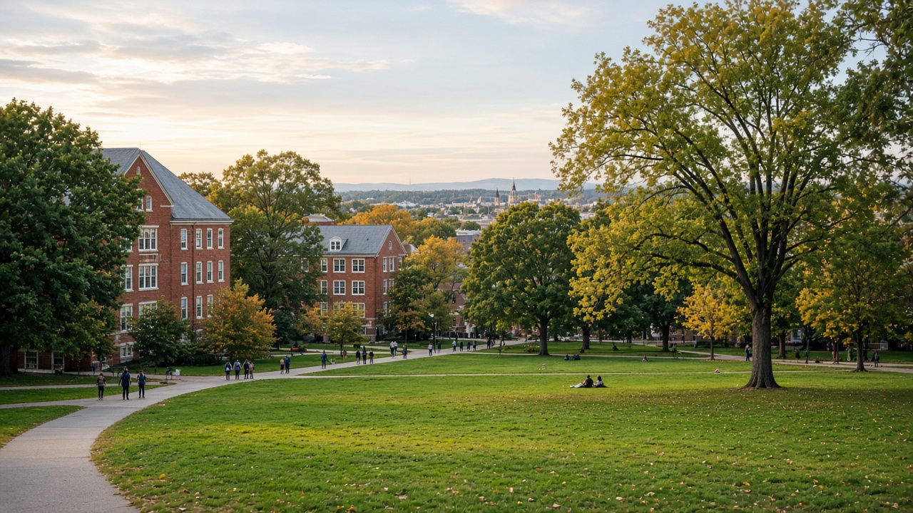 Ann Arbor Diag greens, brick buildings, and trees for University of Michigan PharmD prerequisites planning (no U-M logos)
