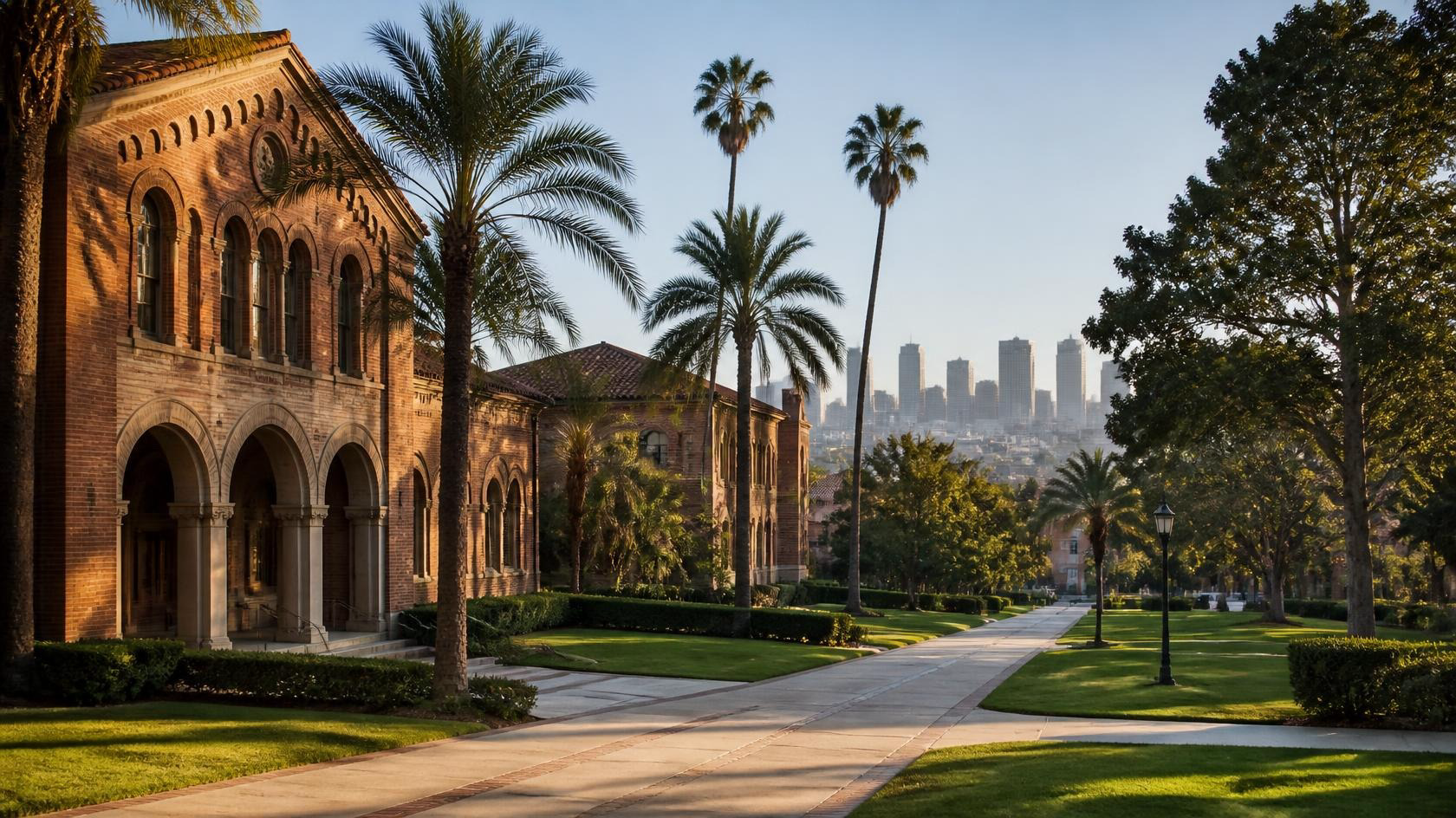 Brick academic buildings, palms, and soft Los Angeles skyline illustrating USC PA prerequisites planning (no university logos)