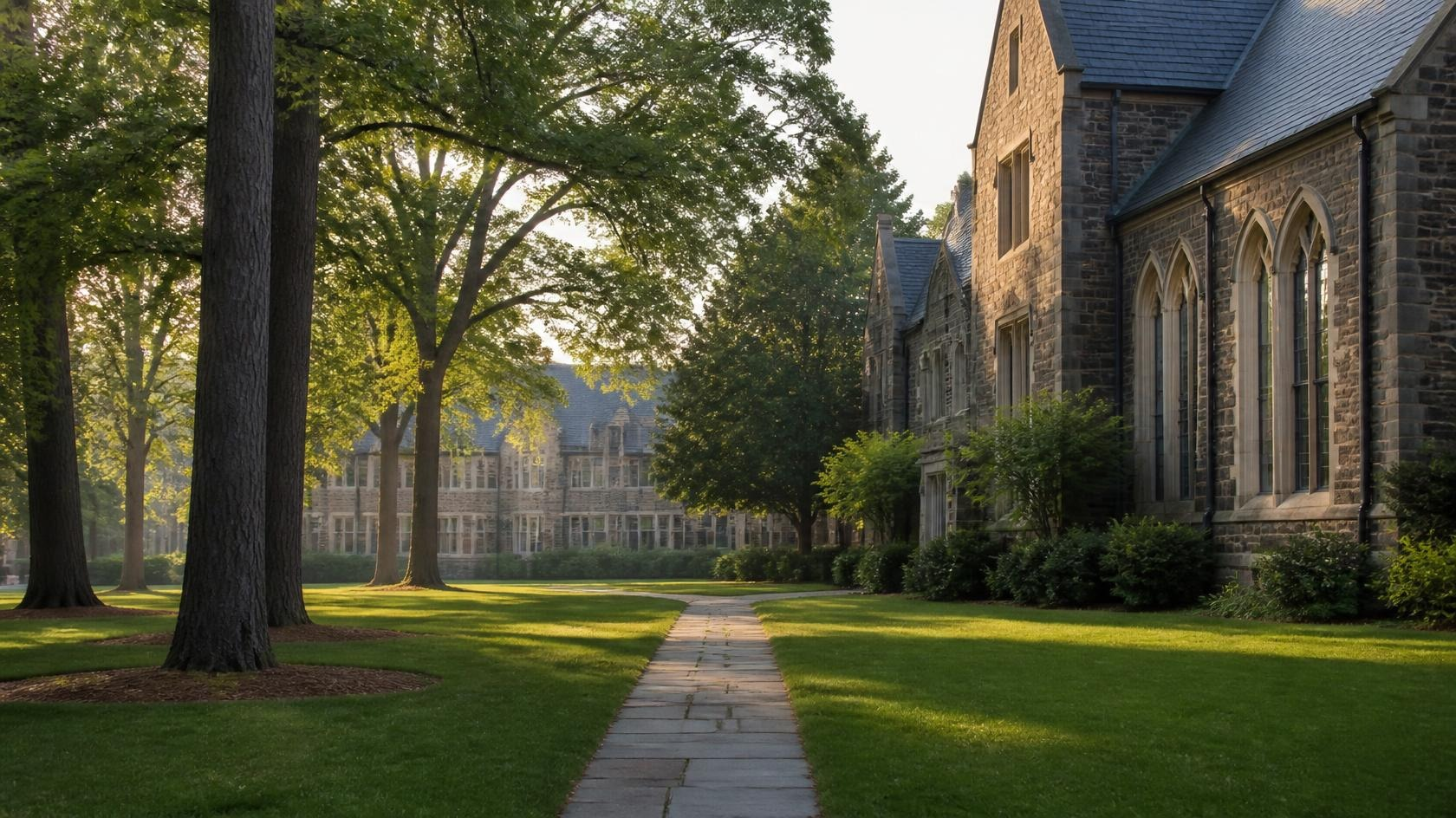 Gray Gothic stone academic buildings, tall pines, and green oaks along a quiet lawn in soft North Carolina light illustrating Duke ABSN prerequisites for Master of Nursing planning