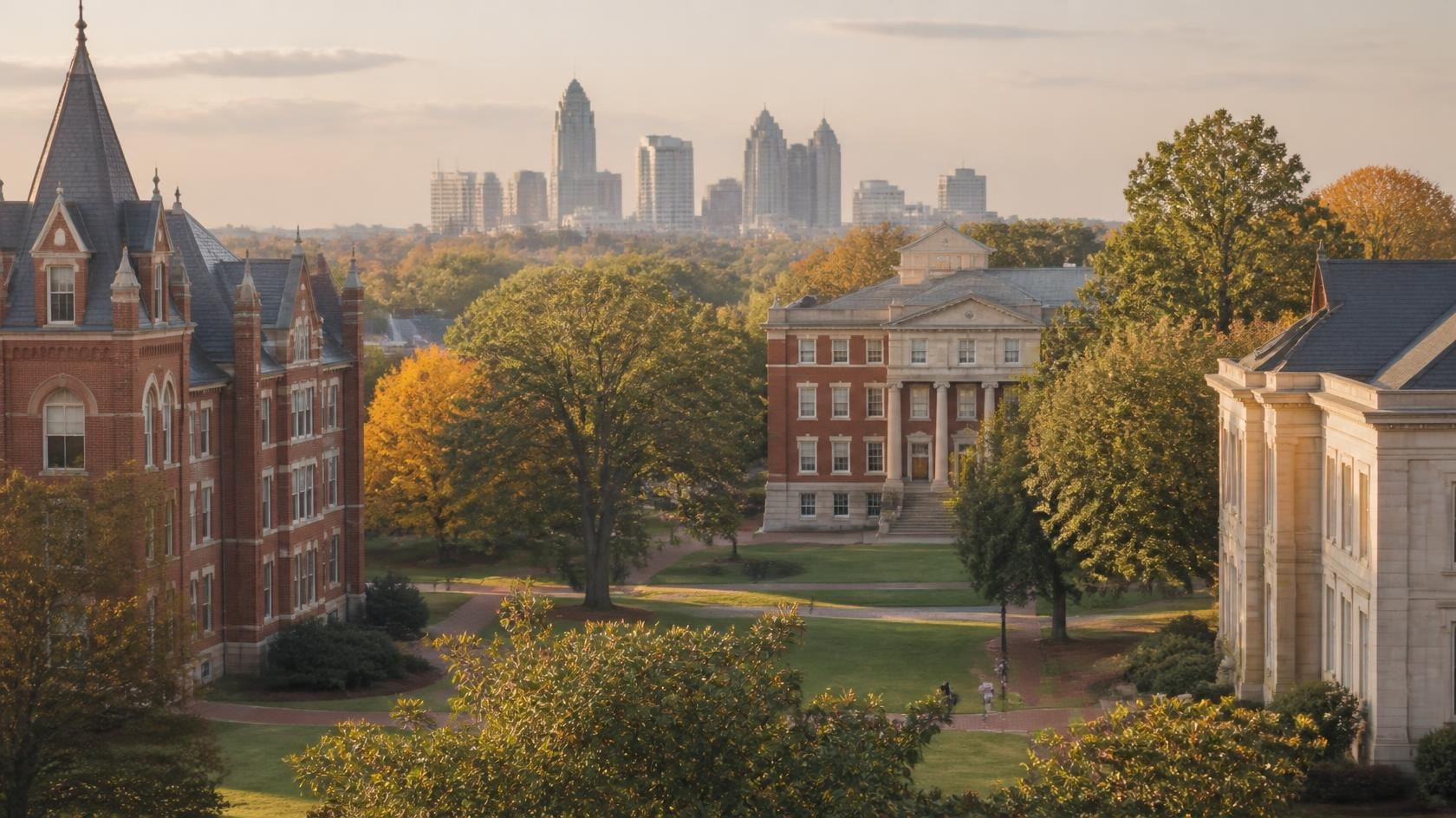 Red brick and limestone campus buildings, autumn trees, and a soft Nashville skyline illustrating Vanderbilt ABSN prerequisites for Master of Nursing planning